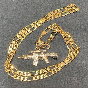 Gold Tone Uzi Pendant and 24 Inch Chain Unisex